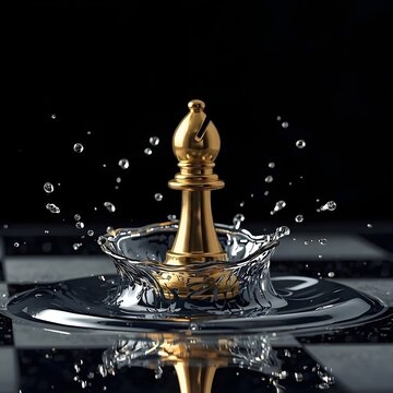 Golden Bishop Chess Piece Water Splash on Chessboard