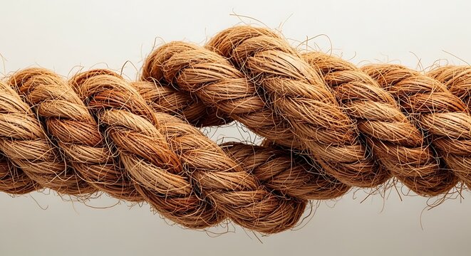 Close-up of twisted natural coconut coir rope with detailed fiber texture isolated on neutral background, rustic organic material concept