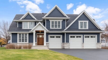 Fototapeta premium Beautiful Dark Blue House with White Trim and a Spacious Lawn in Clear Sky Background
