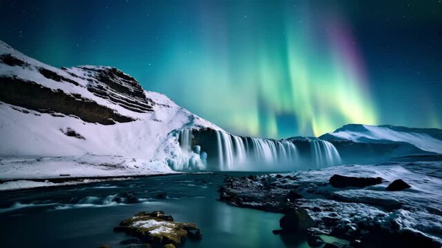 Green and purple Aurora Borealis dance above a powerful waterfall cascading into a cold river. Snow-covered mountains frame this beautiful winter night in Iceland. Stars twinkle in the dark sky