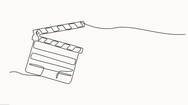Animated clapper board and film reel continuous one line drawing. Filmstrip linear element video, Vintage film scene taker item concept continuous line draw. Full length animated illustration.