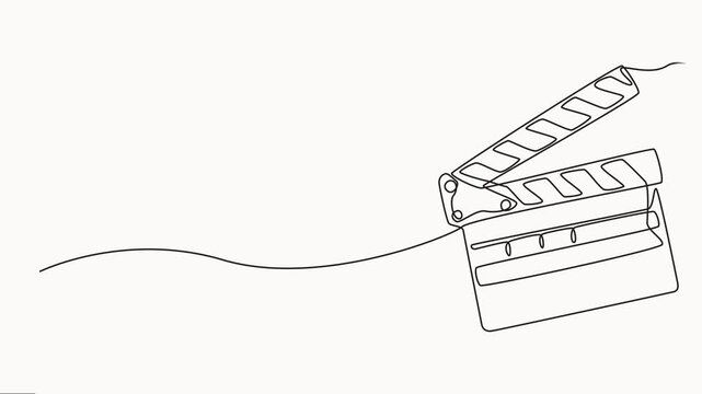 Animated clapper board and film reel continuous one line drawing. Filmstrip linear element video, Vintage film scene taker item concept continuous line draw. Full length animated illustration.