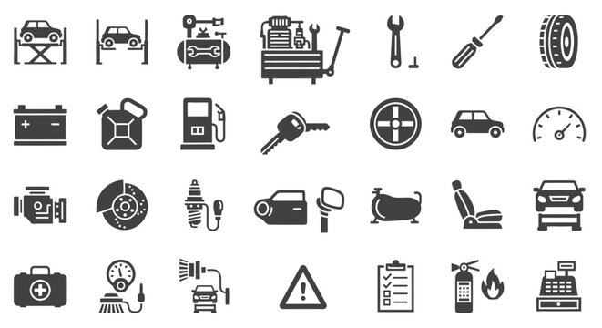 Black icons of car service tools.