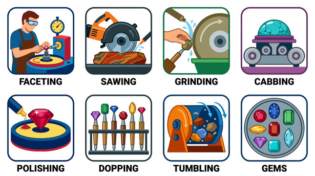 Gemstone processing methods including faceting, sawing, grinding, and polishing
