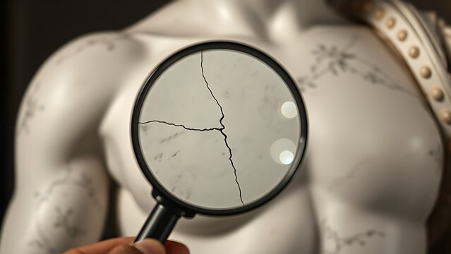 A magnifying glass examines a fine crack in a classical marble sculpture.