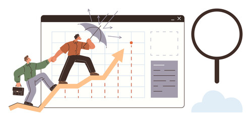 Obraz na płótnie Canvas Business strategy, teamwork, risk management, success, financial growth, problem solving. Two people climbing an upward arrow holding an umbrella for protection with a screen in the background