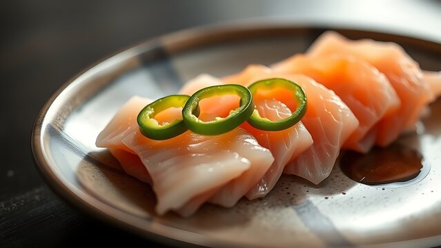 A ceramic plate with fresh sashimi slices, garnished with green chili rings, minimalist presentation.
