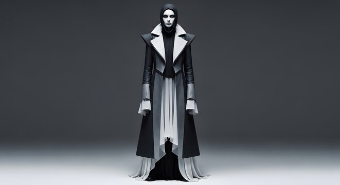 Avant garde fashion a model in dramatic black and white couture