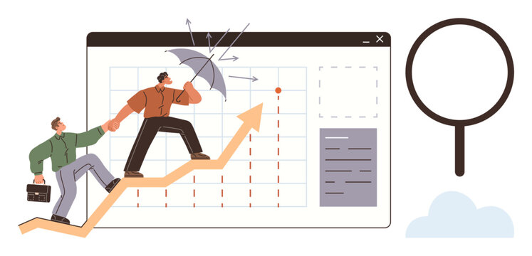 Business strategy, teamwork, risk management, success, financial growth, problem solving. Two people climbing an upward arrow holding an umbrella for protection with a screen in the background