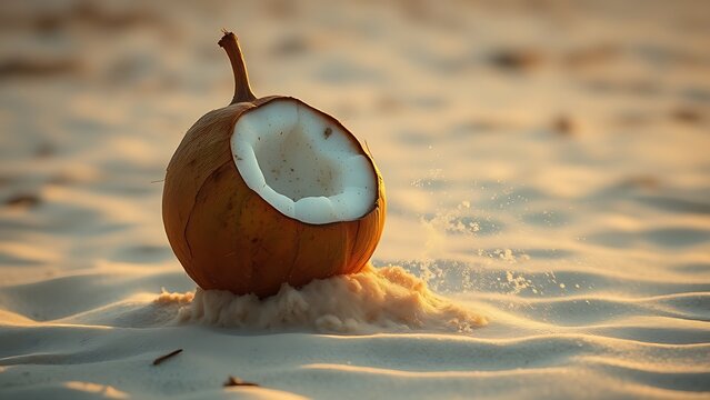 A ripe coconut falling onto soft sand, motion blur, sand spraying, beach at golden hour.