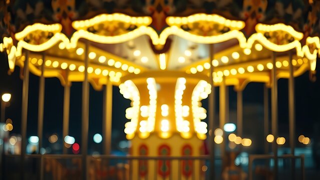 An empty, glowing carousel at night with soft lights and ornate details.