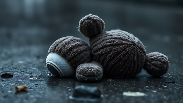 A discarded plush toy lying in the rain with wet, matted fur, muted colors.