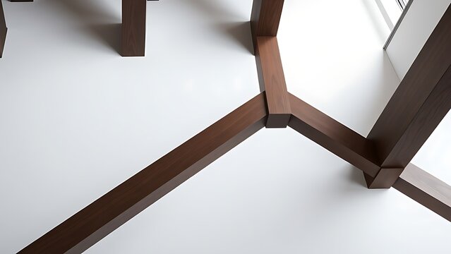 Parallel dark wooden beams on a white wall, minimalist architectural detail.