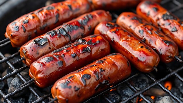 Coarse North African spicy sausages sizzling on a charcoal grill, showing crispy, charred surface patterns.