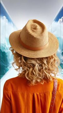 A person with blonde curly hair wearing an orange long-sleeved shirt and a straw fedora hat observes a vivid digital display