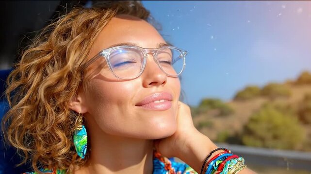Curly-haired woman with clear glasses smiles while looking out a car window on a sunny day. She admires the vibrant Mediterranean landscape and feels the warm breeze