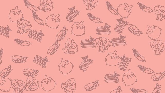 Vegetables and bacon outlines on pink. Suitable for food blogs, recipe cards, kitchen dcor, and menu designs. Vibrant and whimsical.