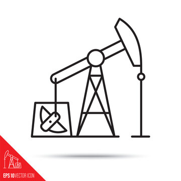 Pump jack vector line icon. Oil extraction symbol. 