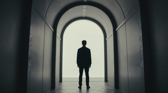 Silhouette of a Person Standing in a Dark Archway with White Background