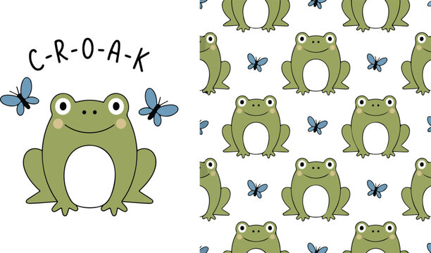 Seamless children style frog and dragonflies pattern, cute playful animal print for fabric and product design flat vector illustration