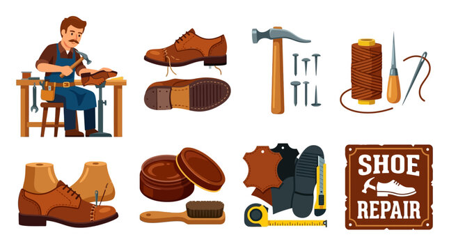 Shoemaker repairing brown leather shoes with various tools and equipment