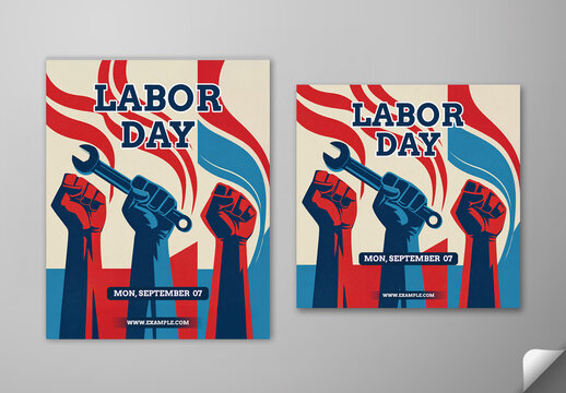 Editable Happy Labor Day Social Media Post Template Set with Raised Fists and Wrench Symbol Representing Worker Strength in Bold Red and Blue Retro Style.