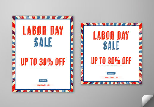 Editable Labor Day Sale Social Media Post Template Set with 30 Percent Discount Offer on White Background.