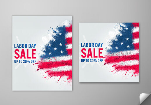 Editable Labor Day Sale Social Media Post Template Set with 30 Percent Discount Offer and Abstract American Flag on Grey Background.