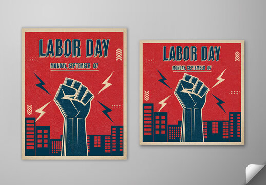 Editable Happy Labor Day Social Media Post Template Set with Raised Fist Illustration and Urban City Skyline in Retro Red and Blue Style.
