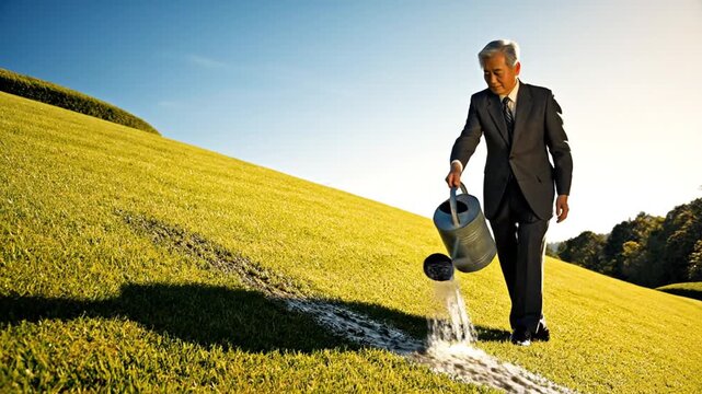 Senior Asian businessman in a grey suit using a galvanized metal watering can to water a lush green grass hill under a clear blue sky, symbolizing growth and investment care.
