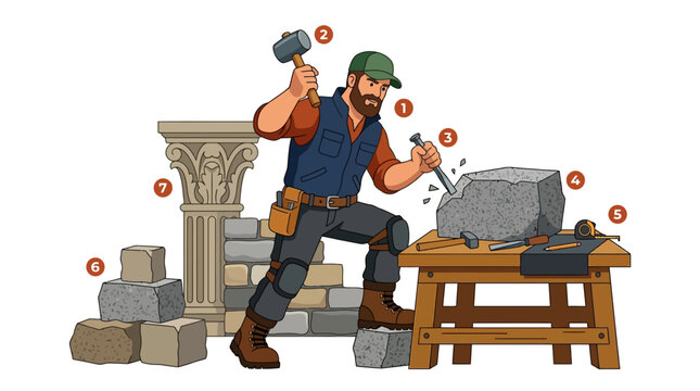 Mason working on stone block with hammer and chisel in workshop
