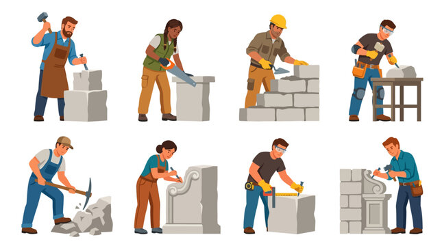 Stonemasons working with stone blocks and tools in various construction and craftsmanship scenes