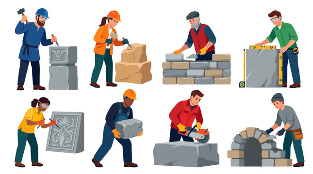 Masonry workers constructing and carving stone blocks for building a wall