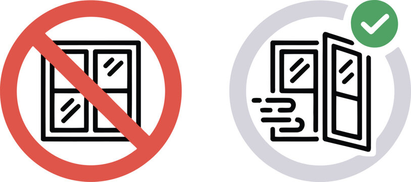 Simple line icons show a closed window prohibited and an open window allowing air to flow