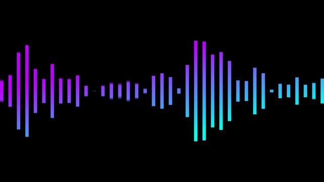 Purple and cyan gradient audio waveform bars animation with neon glow, smooth dynamic equalizer motion, modern futuristic style, seamless loop on transparent background. alpha channel