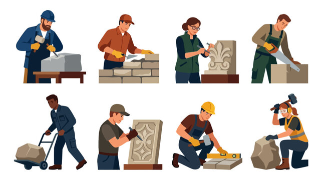 Construction workers engaged in various stone masonry tasks with tools and materials