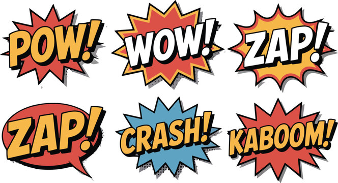 Six colorful pop art style exclamations and dynamic sound effects in comic book design