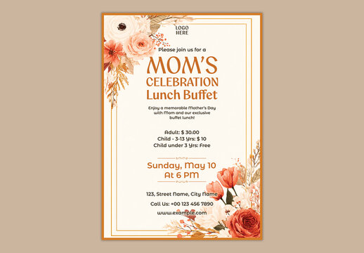 Editable Happy Mother's Day Lunch Buffet Invitation Template with Event Details and Floral Decorations.