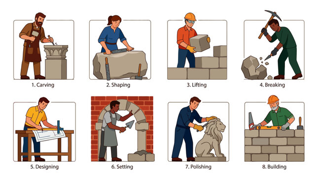 Stone processing steps infographic with workers carving, shaping, lifting, breaking, designing, setting, polishing, building