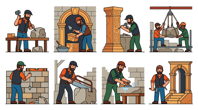 Masons working on stone construction project with various tools