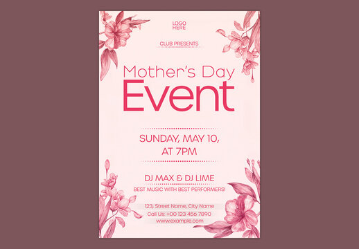 Editable Happy Mother's Day Party Invitation Template with Floral Decorative in Pink Theme.