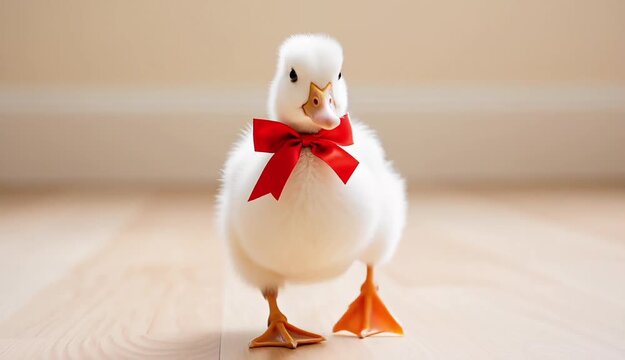 Adorable white duckling wearing a red bowtie walking on a wooden floor.