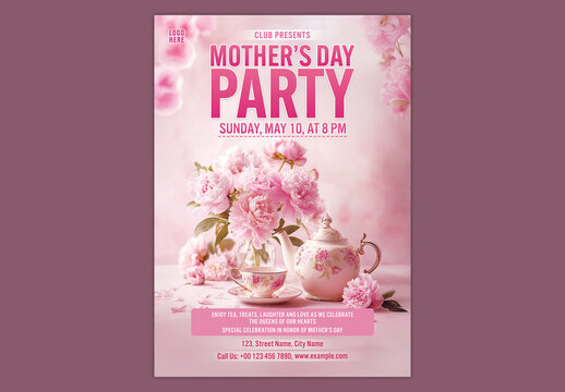 Editable Happy Mother's Day Party Invitation Template with Pink Flower Vase with Vintage Tea Set Illustration.