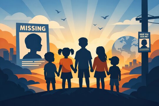 Silhouette of children holding hands against a dramatic sunset with missing person posters keywords