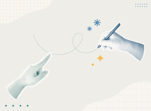 Trendy halftone collage of two person hands pointing and writing with pen connected by teal swirl line on light background, flat design concept for collaborative creation, creative teamwork, and partn