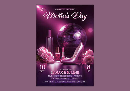 Editable Mother's Day Night Club Party Invitation Template with Purple Disco Ball, High Heel Shoe, Cosmetic Products and Roses Background for DJ Event Celebration.