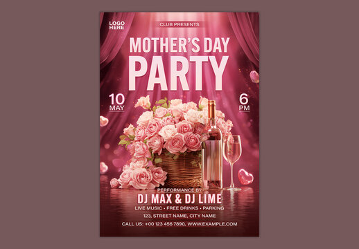 Editable Happy Mother's Day Party Invitation Template with Pink Roses Bouquet, Wine Bottle and Glass on Shimmering Water Background.