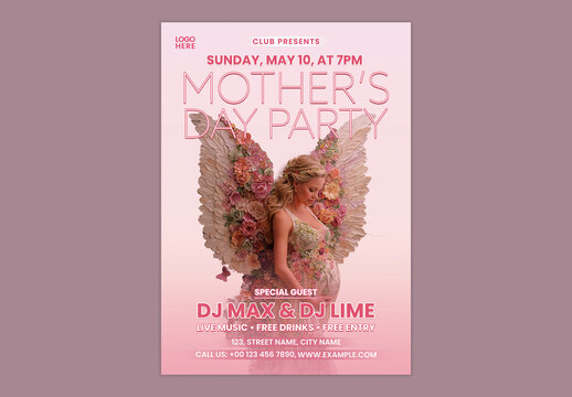 Editable Mother's Day Party Invitation Template with Blonde Pregnant Woman as Angel and Floral Wings Illustration on Pink Background.