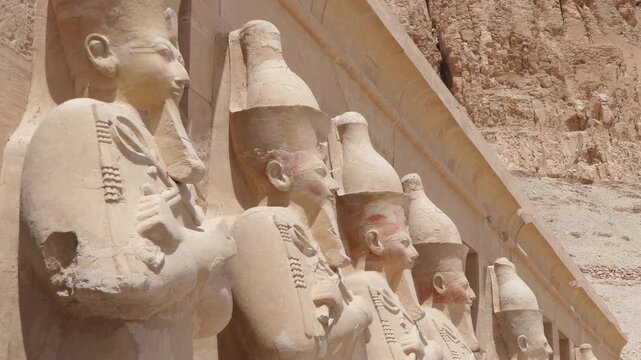View of the Hatshepsut Temple, archeological site in Luxor, Egypt. Tourism and travel in Egyptian city, with monument and landmark
