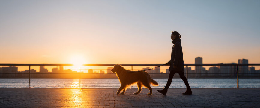 Woman walking dog at sunset waterfront
